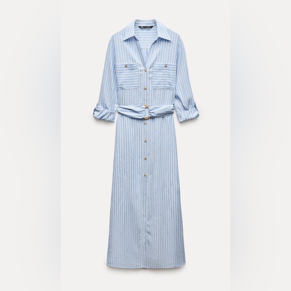 Zara Vestido Camisero Midi Con Lino - Picture 1 of 4